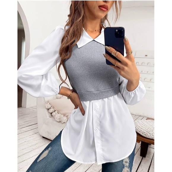 Rouge! Tops - 2 in 1 Grey Knit Vest on White Button Down Shirt
